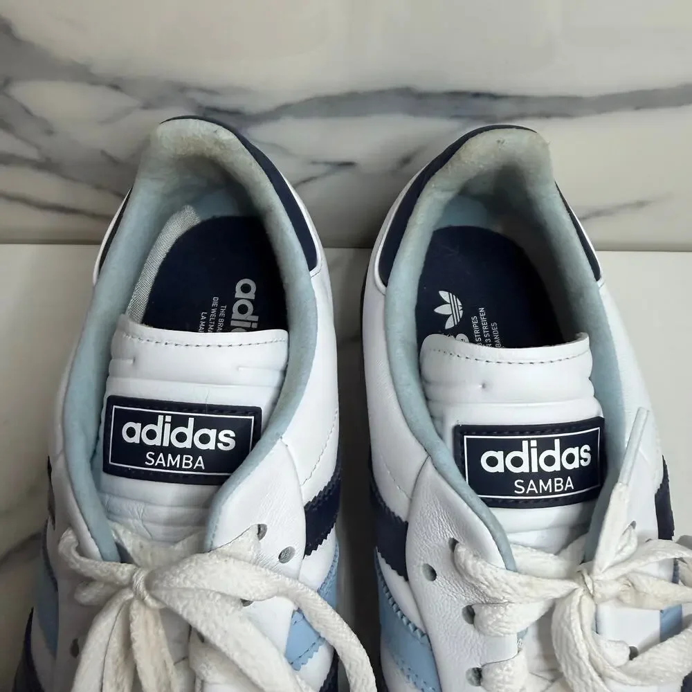 Adidas Men's White Leather Blue Stripe Gum Sole Samba Spikeless Golf Shoes Sz 12